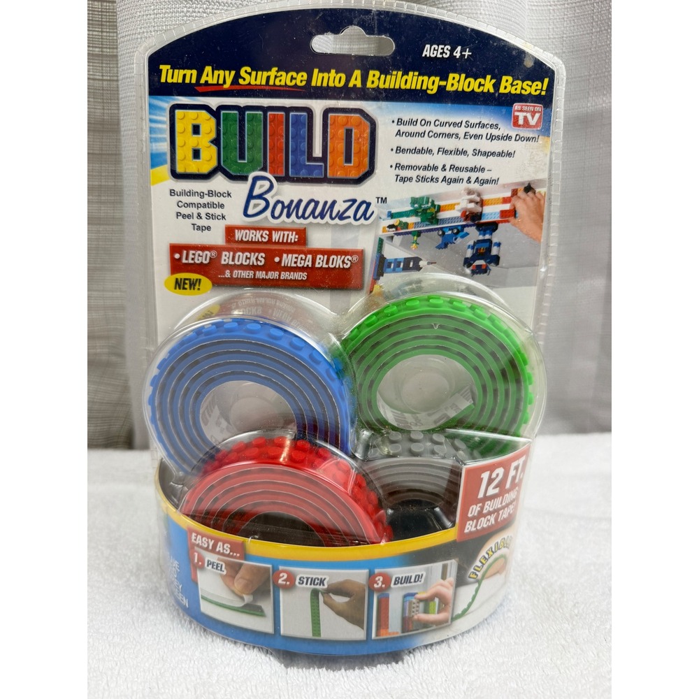 Build Bonanza Building Block Tape 4 Pack 12ft Total Blue Red Green Grey As in TV